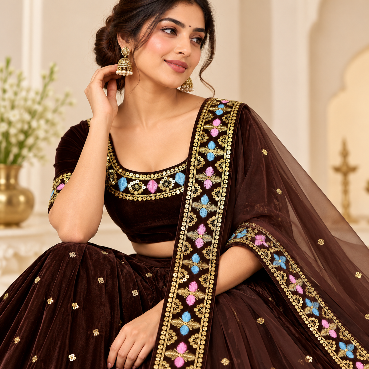 Premium Dark Chocolate Brown Velvet Lace Border with Golden Sequin Work & Pink Blue Floral Embroidery for Saree, Blouse, Lehenga & Dupatta