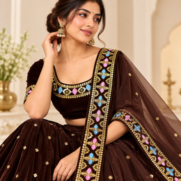 Premium Dark Chocolate Brown Velvet Lace Border with Golden Sequin Work & Pink Blue Floral Embroidery for Saree, Blouse, Lehenga & Dupatta