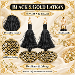 Black & Gold Decorative Tassel Latkan for Blouse & Lehenga – Pack of 12 Pieces, 6 Pairs