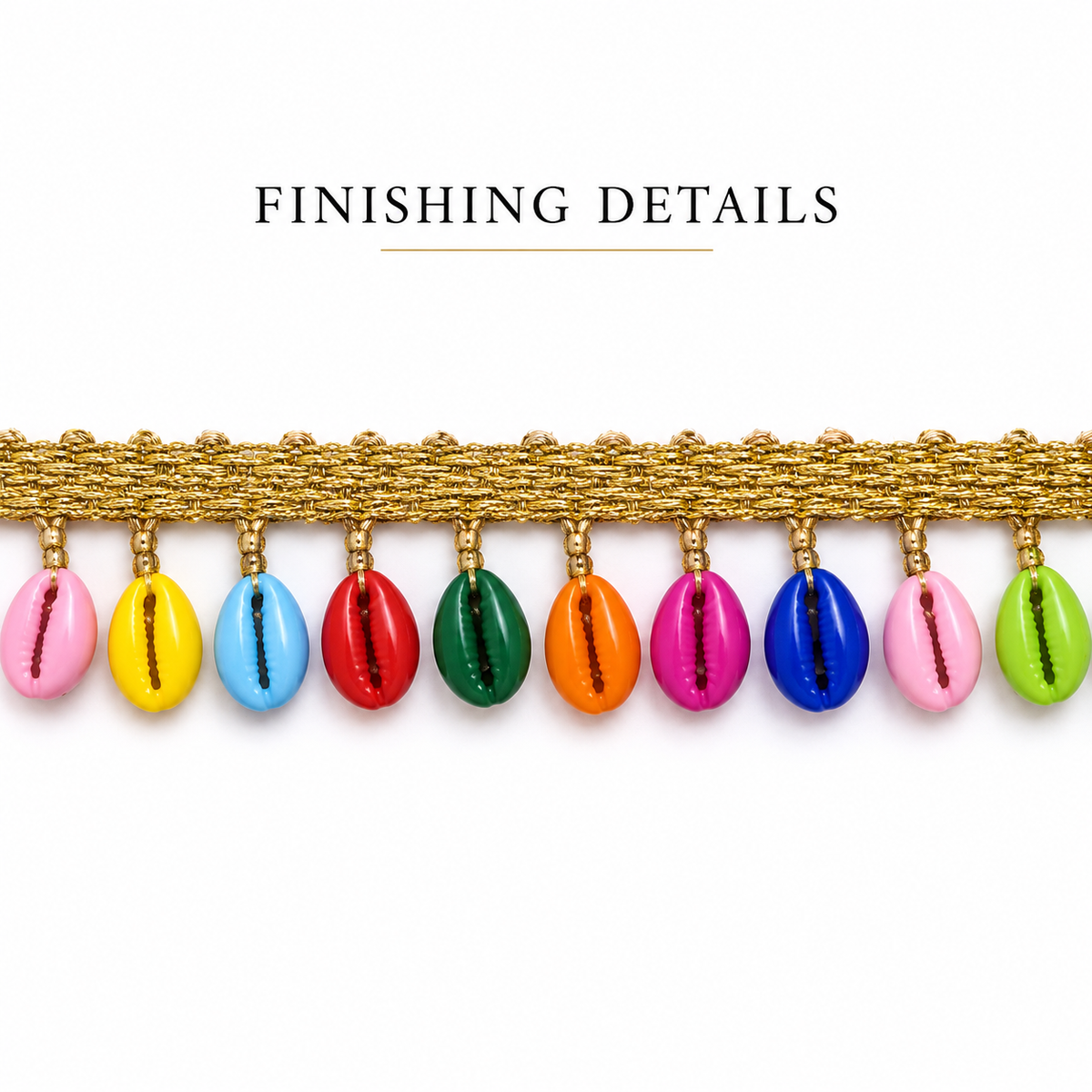 Multicolour Cowrie Shell Hanging Lace with Golden Border for Saree, Blouse & Dupatta – 7 Meter