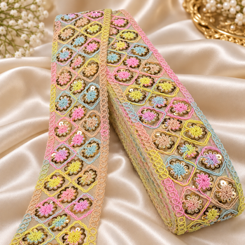 Premium Multicolour Floral Embroidered Sequin Lace Border for Saree, Blouse, Dupatta, Lehenga & Kurti – Designer Fancy Lace Trim