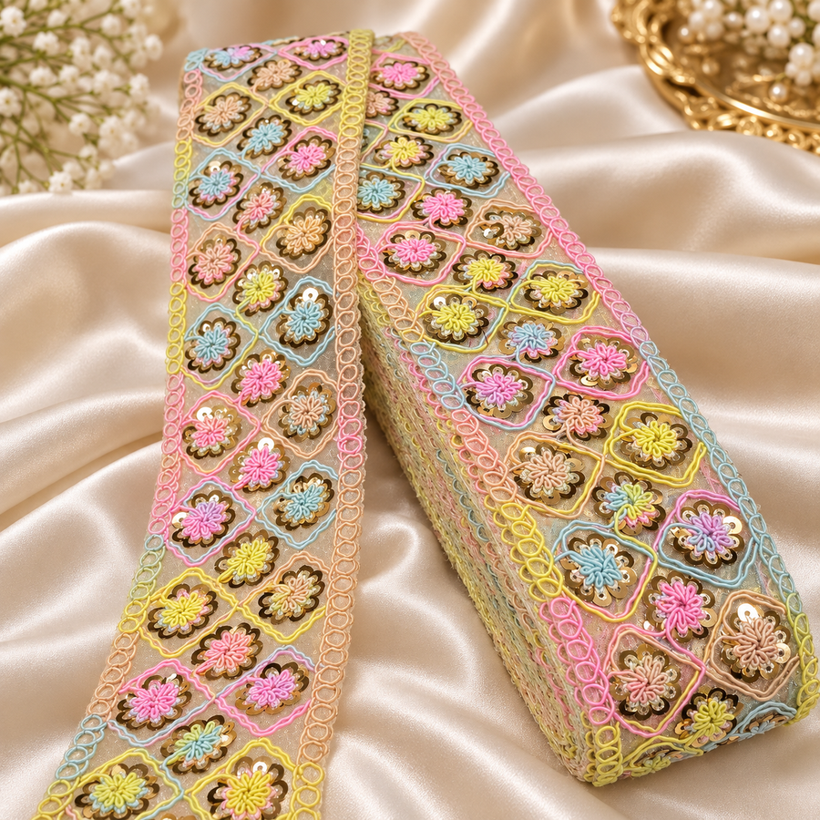 Premium Multicolour Floral Embroidered Sequin Lace Border for Saree, Blouse, Dupatta, Lehenga & Kurti – Designer Fancy Lace Trim
