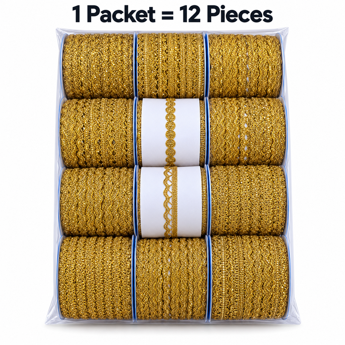 Bright Golden Assorted Designer Lace Border for Saree, Blouse & Dupatta – 9 Meter Each, Pack of 12