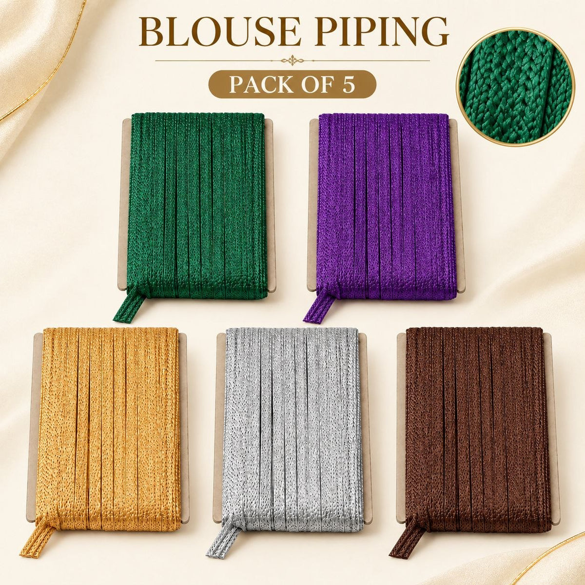 Blouse Piping Dori Pack of 5 Colours for Blouse, Saree & Dress Stitching