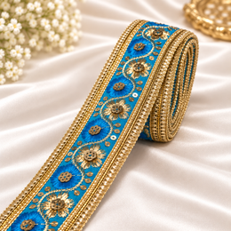 Premium Royal Blue & Gold Floral Embroidery Designer Lace Border with Sequin Work for Saree, Blouse, Lehenga, Dupatta & Bridal Wear – 9 Meter Roll