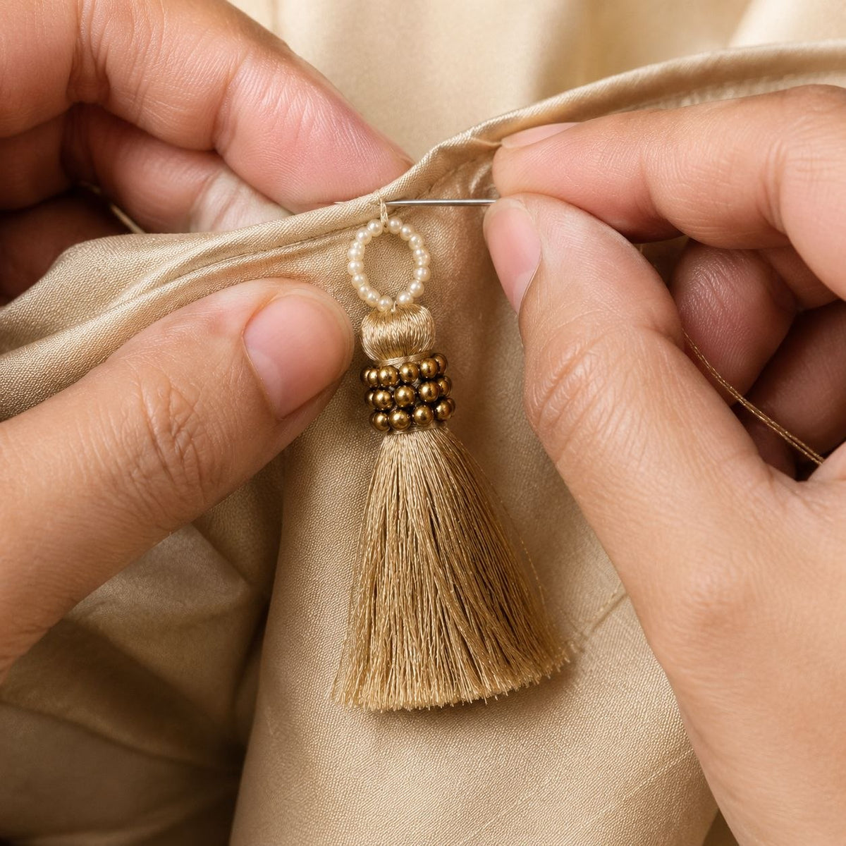 Premium Champagne Golden Silk Thread Tassel Latkan with Antique Gold Beads for Blouse, Saree, Lehenga & Dupatta – Designer Hanging Tassels