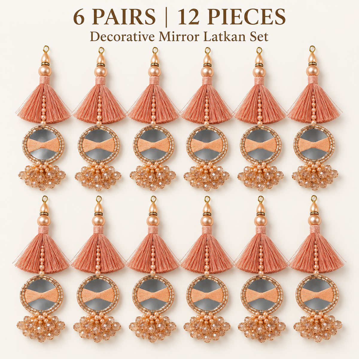 Orange Peach Mirror Work Designer Latkan for Blouse & Lehenga Dori | Silk Thread Tassel with Round Mirror, Pearl & Crystal Bead Hanging | Pack of 12 Pieces (6 Pairs)