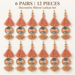 Orange Peach Mirror Work Designer Latkan for Blouse & Lehenga Dori | Silk Thread Tassel with Round Mirror, Pearl & Crystal Bead Hanging | Pack of 12 Pieces (6 Pairs)