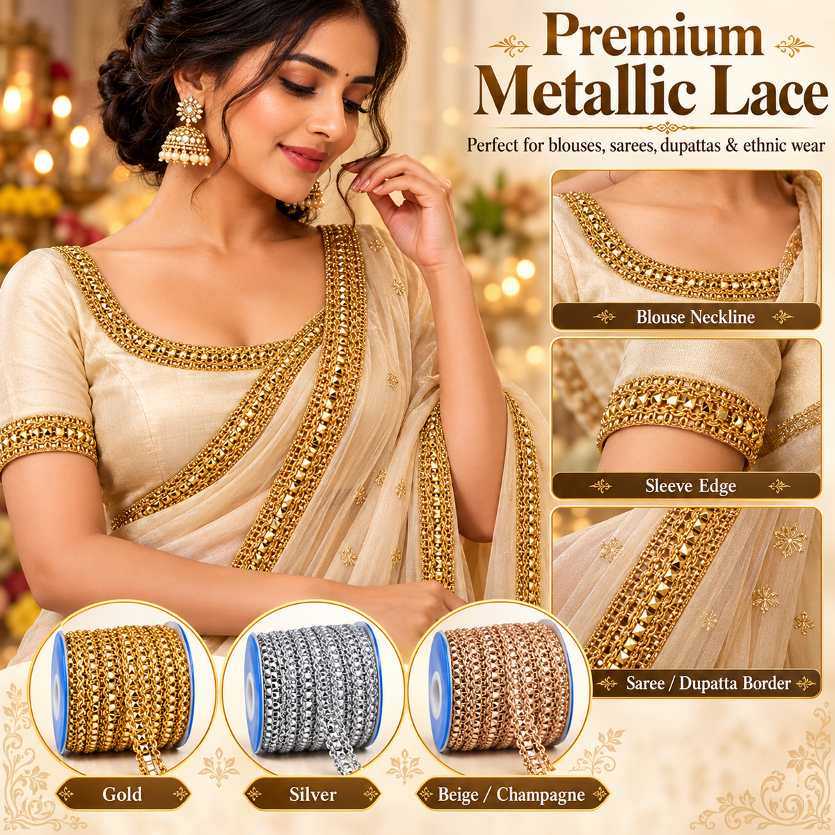 Premium Metallic Pyramid Stone Design Lace Trim for Saree, Blouse, Lehenga, Dupatta & Kurti Border – Gold, Silver & Champagne Multicolor Pack of 12 Rolls