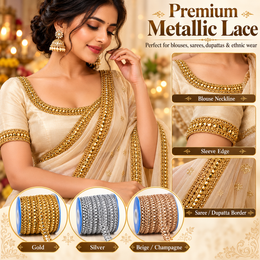 Premium Metallic Pyramid Stone Design Lace Trim for Saree, Blouse, Lehenga, Dupatta & Kurti Border – Gold, Silver & Champagne Multicolor Pack of 12 Rolls