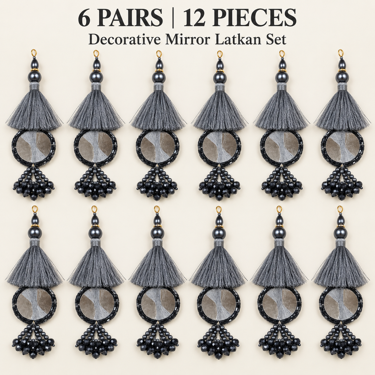 Grey & Black Mirror Work Designer Latkan for Blouse & Lehenga Dori | Silk Thread Tassels with Round Mirror & Black Crystal Bead Hanging | Pack of 12 Pieces (6 Pairs)
