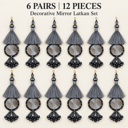 Grey & Black Mirror Work Designer Latkan for Blouse & Lehenga Dori | Silk Thread Tassels with Round Mirror & Black Crystal Bead Hanging | Pack of 12 Pieces (6 Pairs)
