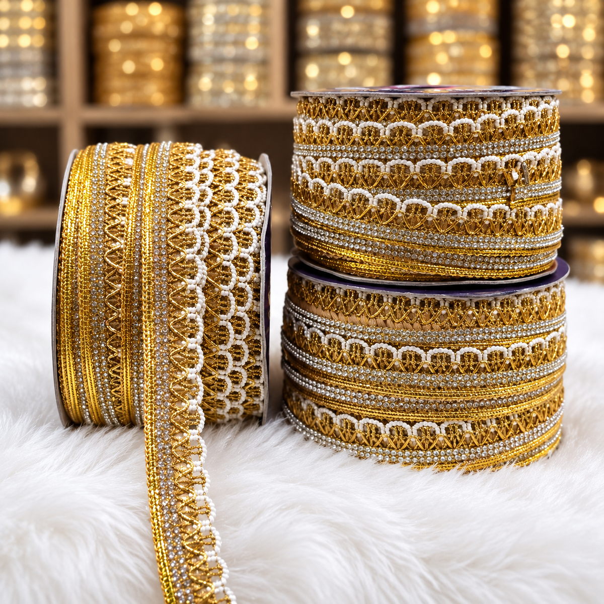 Premium Golden & White Pearl Style Designer Lace Border for Saree, Blouse, Dupatta & Lehenga | Decorative Bridal Lace Trim | Pack of 3 Rolls – 18 Meter