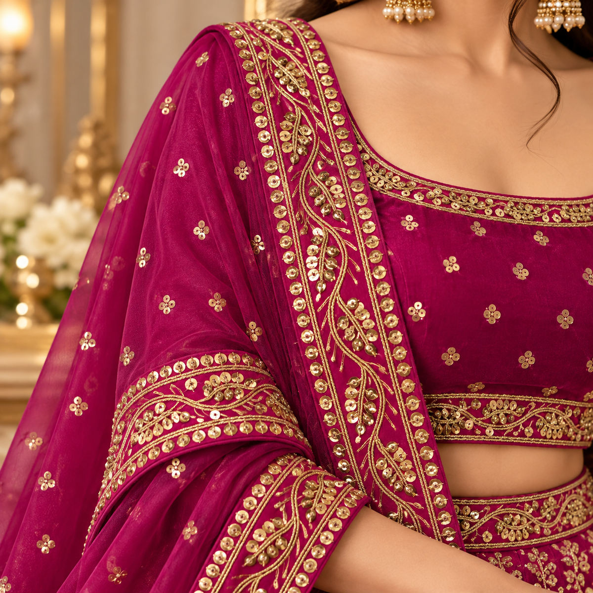 Premium Rani Pink Velvet Lace Border with Golden Sequin & Vine Embroidery Work for Saree, Blouse, Lehenga, Dupatta & Kurti