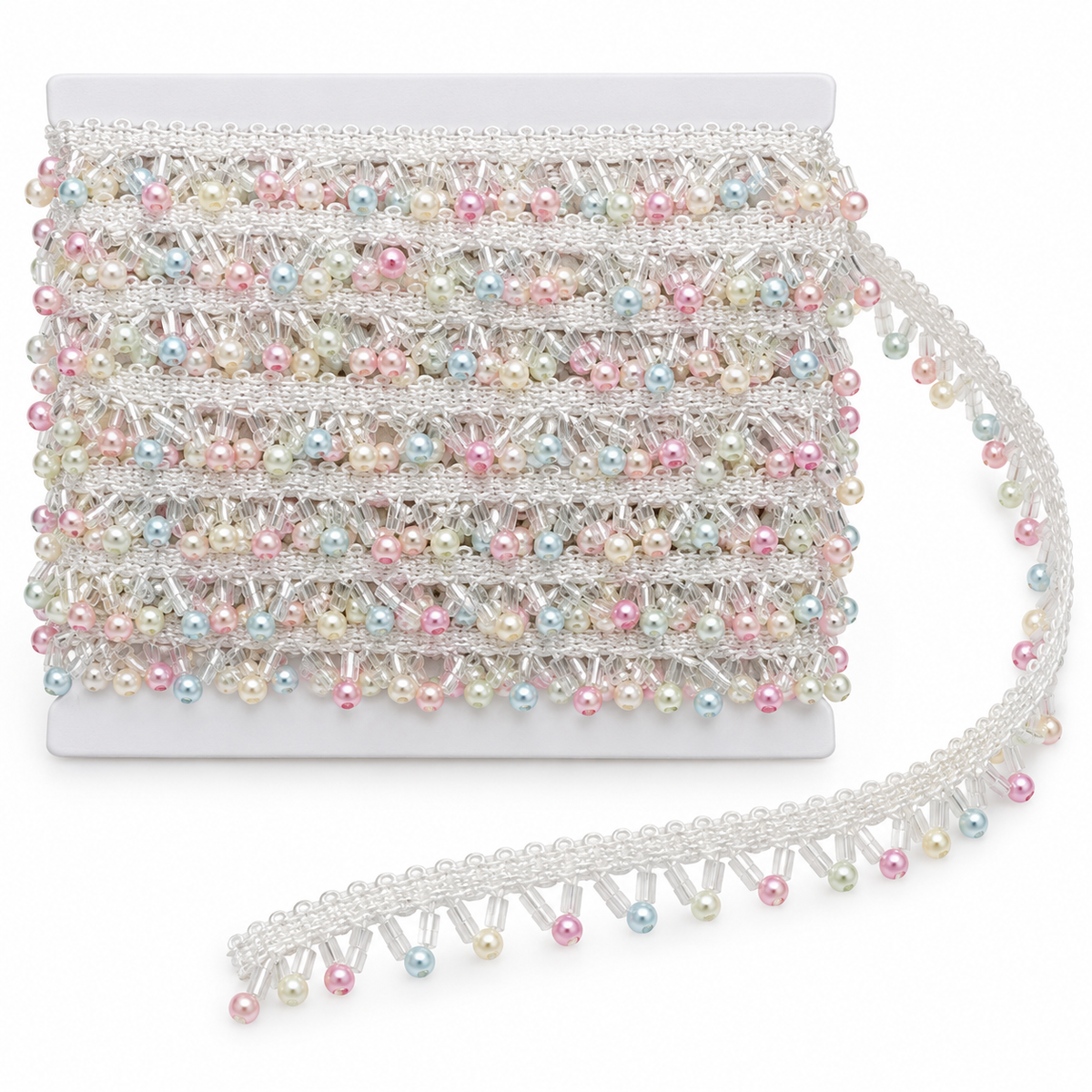 White Lace Border with Pastel Multicolour Pearl-Style Hanging Beads for Saree, Blouse & Dupatta – 9 Meter
