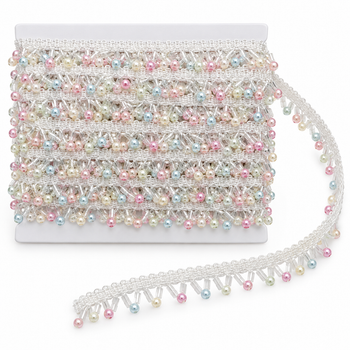 White Lace Border with Pastel Multicolour Pearl-Style Hanging Beads for Saree, Blouse & Dupatta – 9 Meter