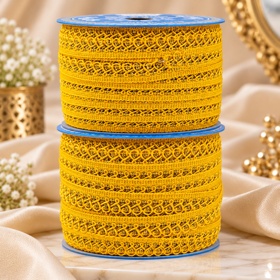 Yellow Designer Loop Lace Border 18 Meter | Decorative Embroidered Lace Trim for Kurti, Blouse, Saree, Dupatta & Dress | Pack of 2 Rolls
