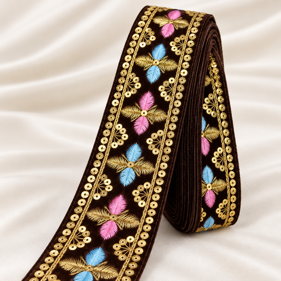 Premium Dark Chocolate Brown Velvet Lace Border with Golden Sequin Work & Pink Blue Floral Embroidery for Saree, Blouse, Lehenga & Dupatta