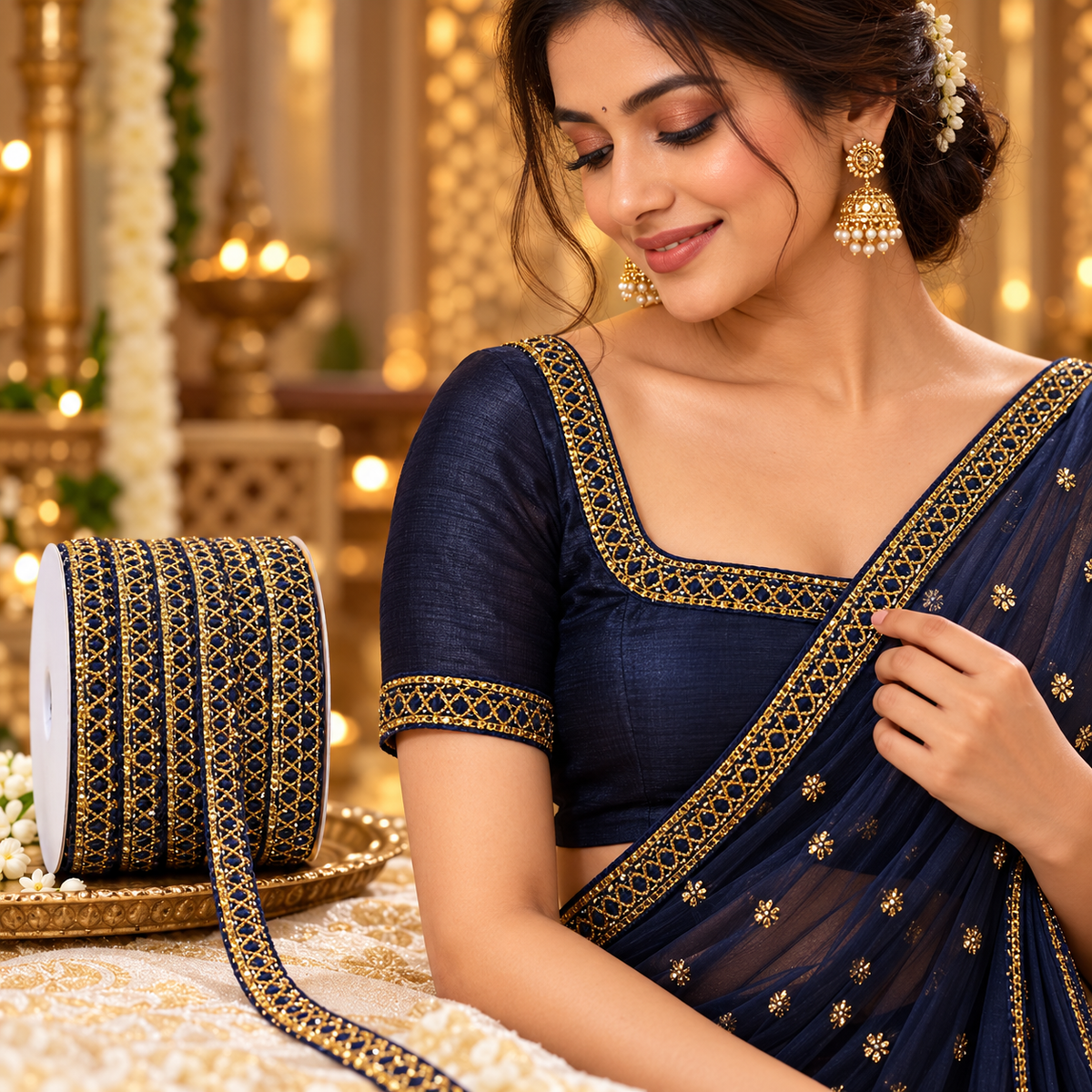 Premium Navy Blue Golden Designer Cross Pattern Lace Border for Saree, Blouse, Dupatta & Lehenga | Decorative Ethnic Lace Trim | Pack of 3 Rolls – 18 Meter