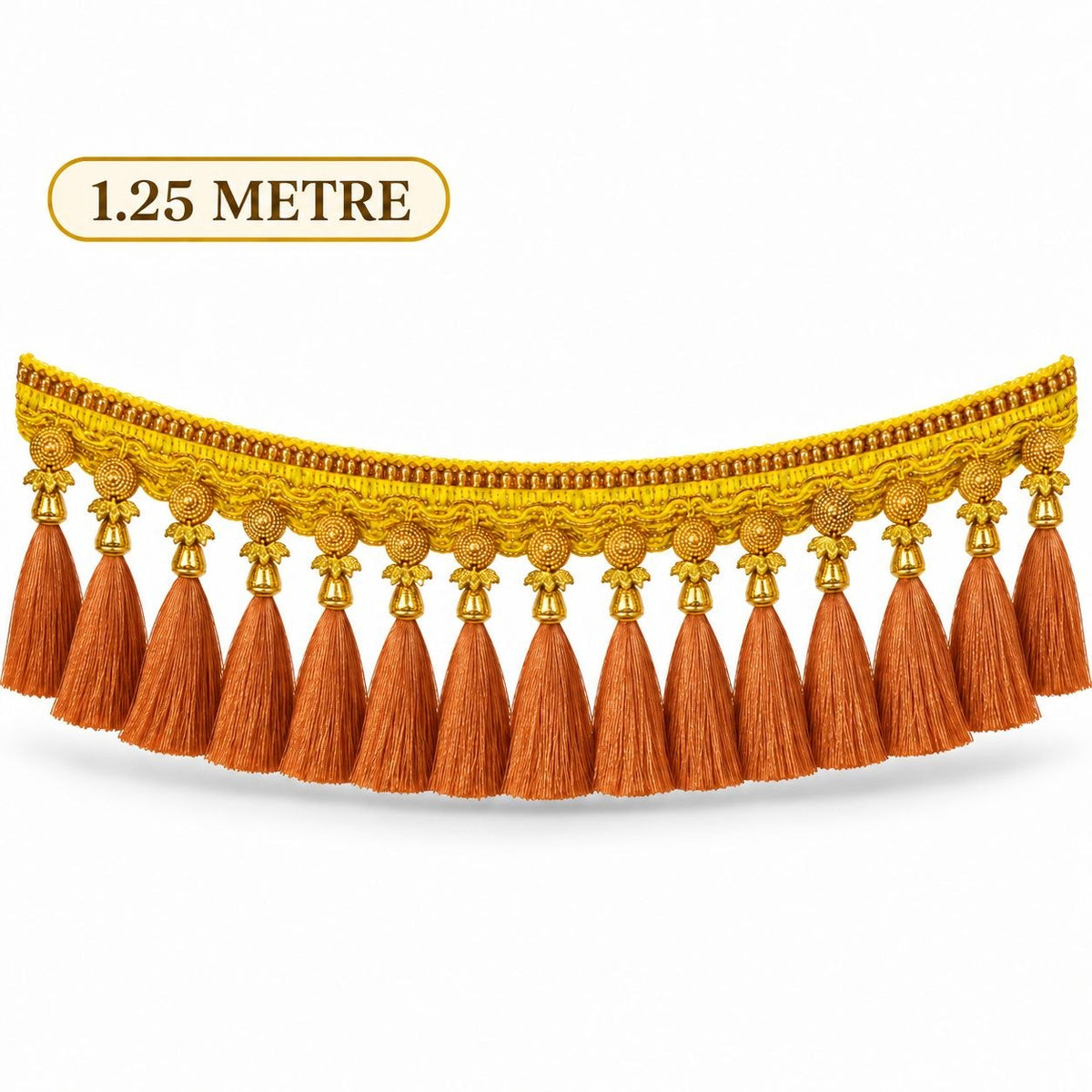 Premium Saree Pallu Latkan Lace 1.25 Metre | Golden Decorative Tassel Border with Copper/Rust Thread Latkan for Saree, Blouse & Dupatta