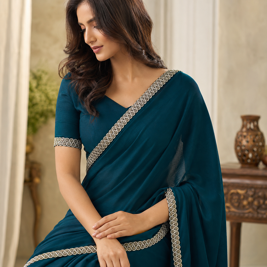 White & Gold Loop Design Decorative Lace Border for Saree, Blouse & Dupatta – 18 Meter Roll
