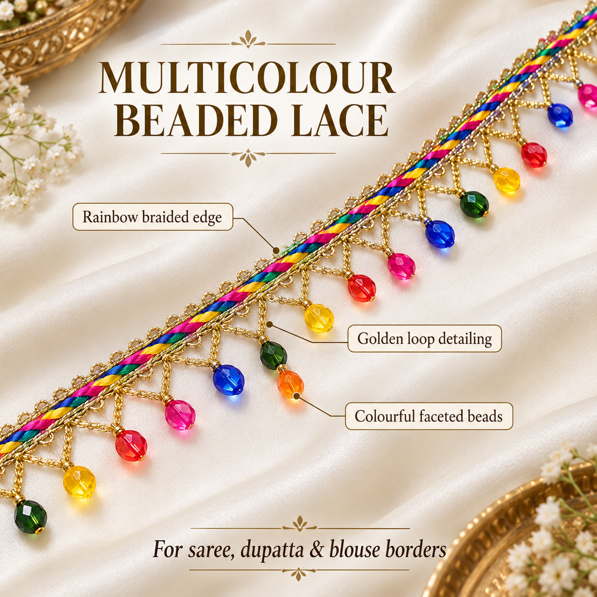 Premium Multicolour Crystal Beaded Hanging Lace Border – 9 Meter | Rainbow Designer Fringe Lace for Saree, Dupatta, Blouse & Lehenga