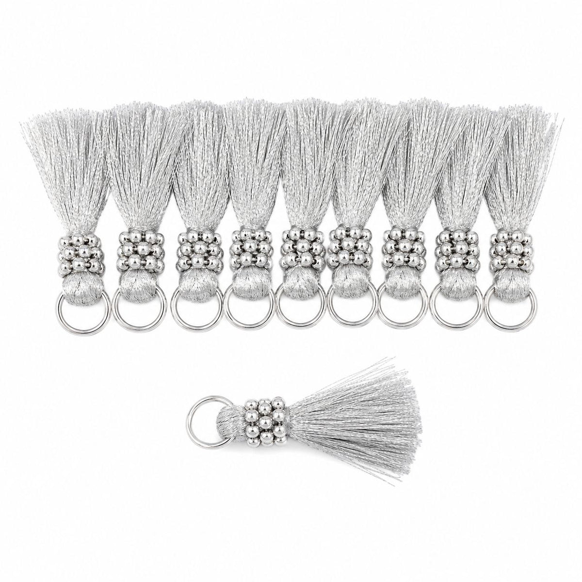 Premium Metallic Silver Silk Thread Tassel Latkan with Decorative Silver Beads & Ring for Blouse, Saree, Lehenga & Dupatta – Designer Hanging Tassels