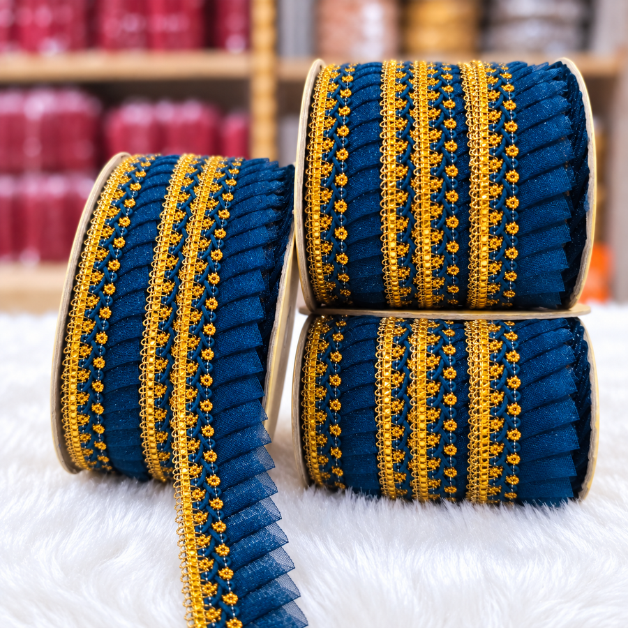 Peacock Blue & Gold Pleated Frill Lace Border for Saree, Blouse & Dupatta – Pack of 3 Rolls
