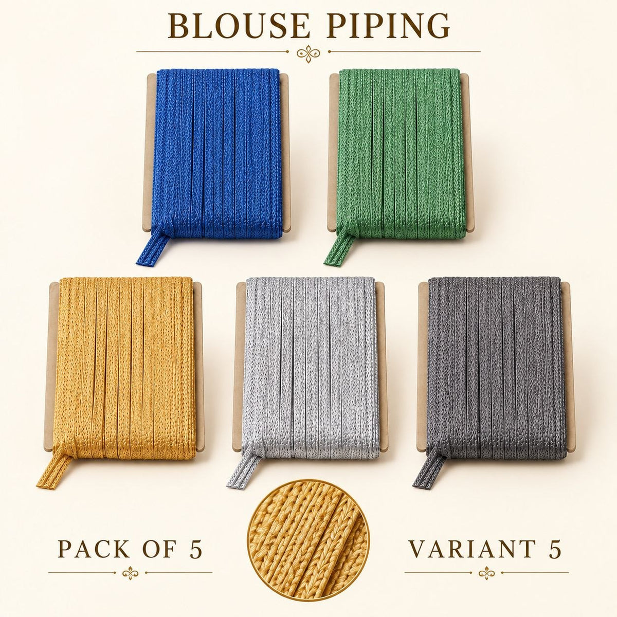 Blouse Piping Dori Pack of 5 Colours | Blue, Green, Golden, Silver & Grey | Tailoring & Blouse Stitching