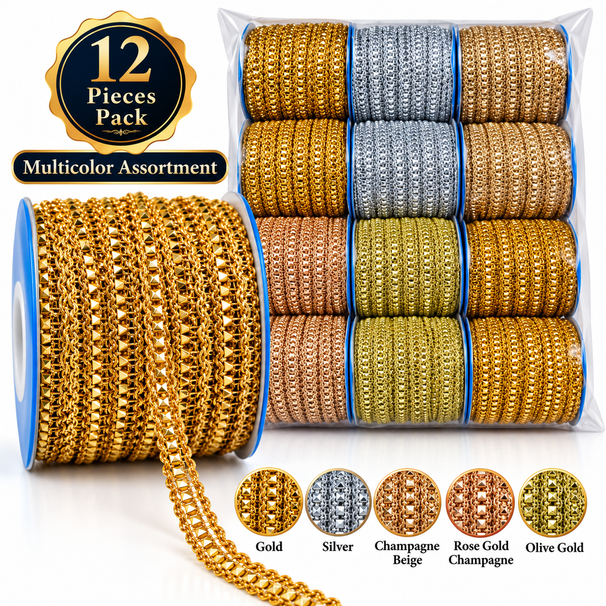 Premium Metallic Pyramid Stone Design Lace Trim for Saree, Blouse, Lehenga, Dupatta & Kurti Border – Gold, Silver & Champagne Multicolor Pack of 12 Rolls