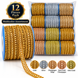 Premium Metallic Pyramid Stone Design Lace Trim for Saree, Blouse, Lehenga, Dupatta & Kurti Border – Gold, Silver & Champagne Multicolor Pack of 12 Rolls
