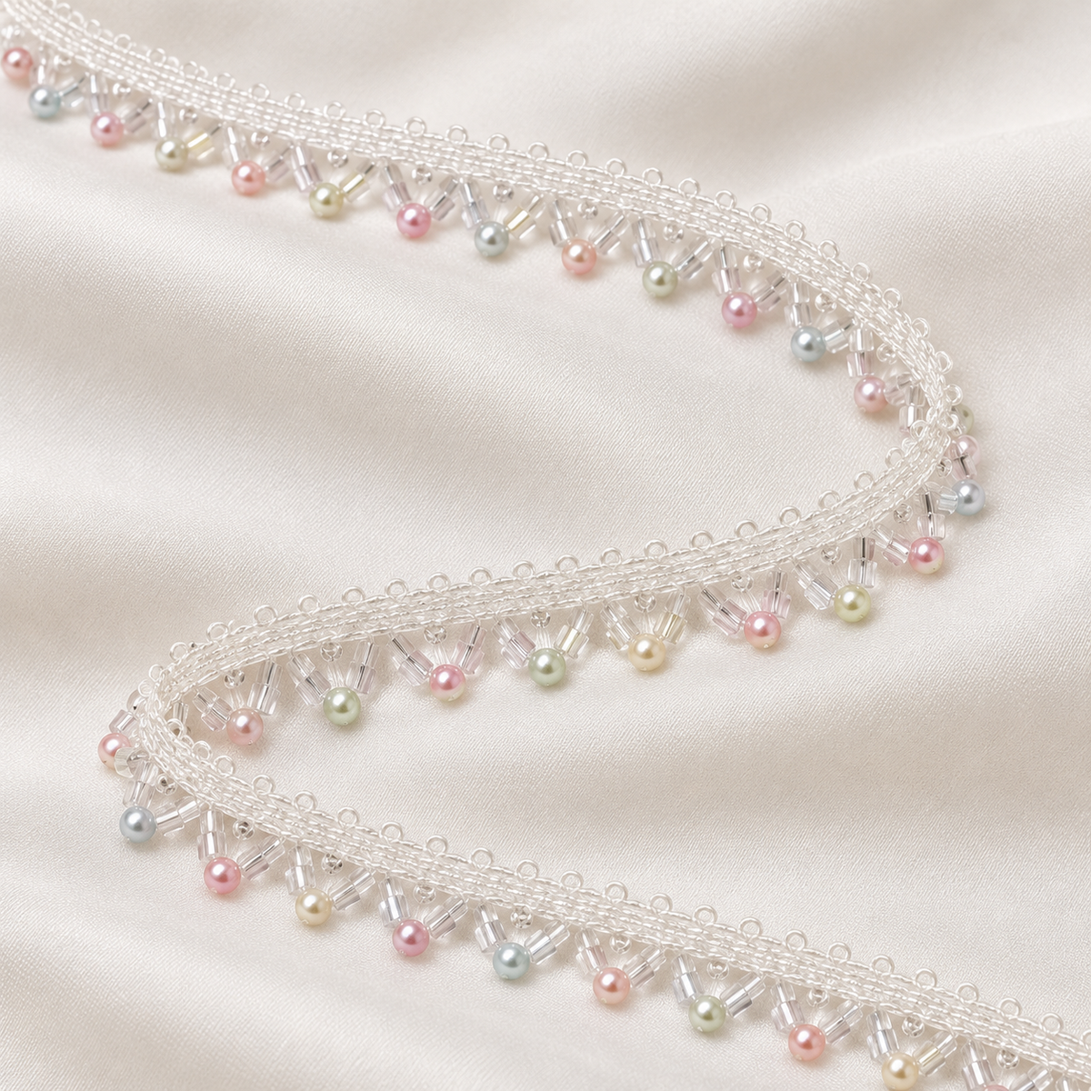 White Lace Border with Pastel Multicolour Pearl-Style Hanging Beads for Saree, Blouse & Dupatta – 9 Meter