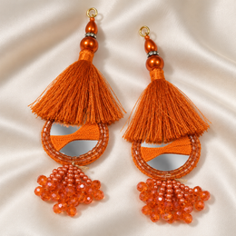 Orange Mirror Work Designer Latkan for Blouse & Lehenga Dori | Orange Silk Thread Tassel with Round Mirror, Pearl & Crystal Bead Hanging | Pack of 12 Pieces (6 Pairs)