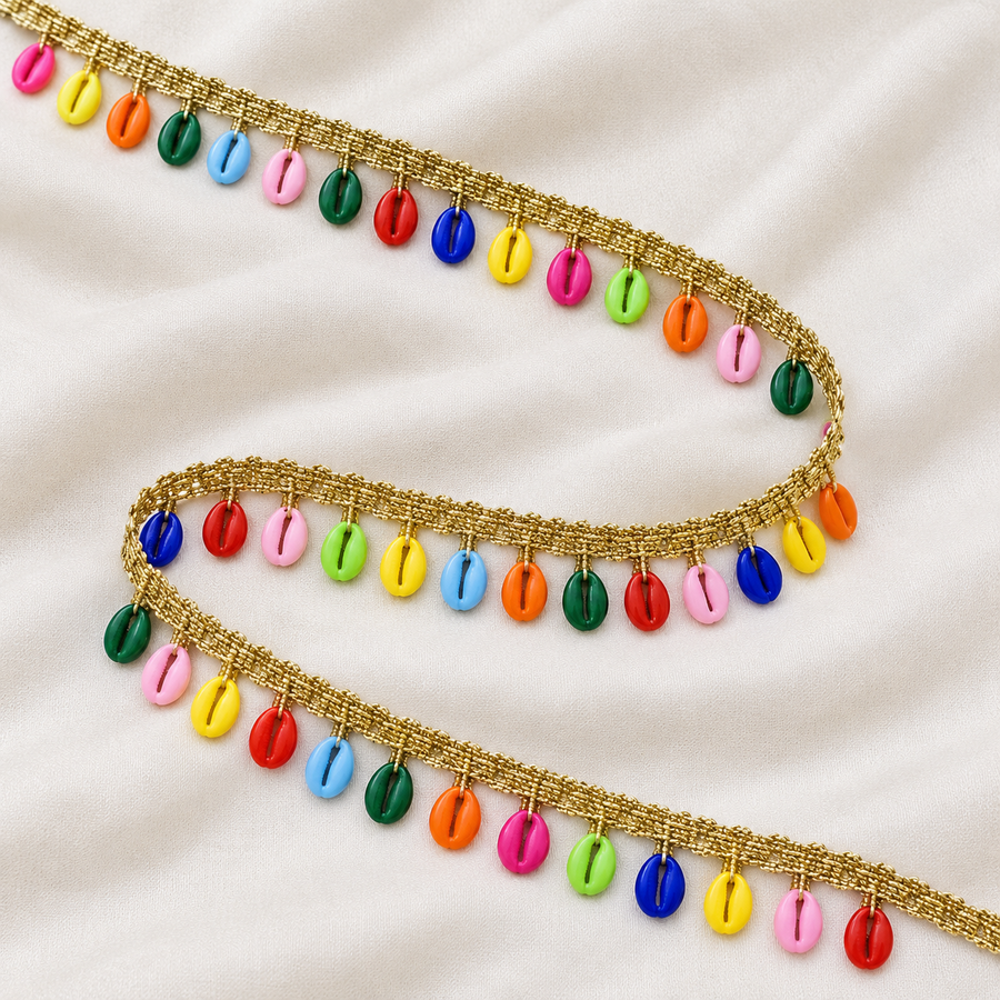Multicolour Cowrie Shell Hanging Lace with Golden Border for Saree, Blouse & Dupatta – 7 Meter