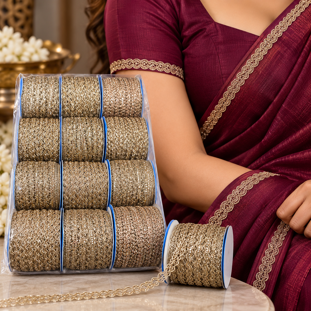Champagne Gold Assorted Designer Lace Border for Saree, Blouse & Dupatta – 9 Meter Each, Pack of 12