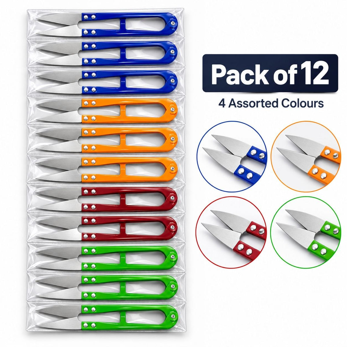 Thread Cutter Scissors Pack of 12 | Mini Thread Snips for Tailoring & Sewing | 4 Assorted Colours