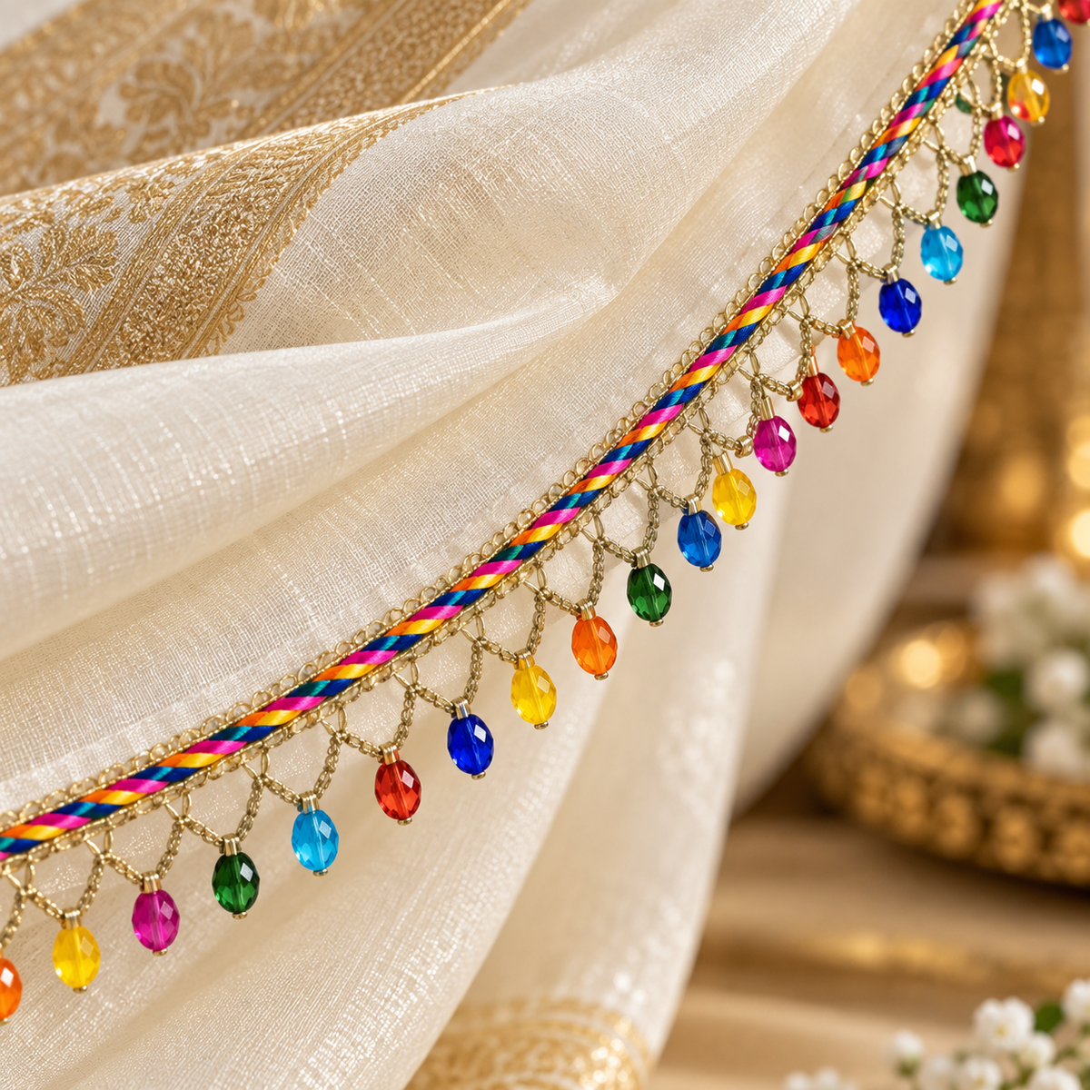 Premium Multicolour Crystal Beaded Hanging Lace Border – 9 Meter | Rainbow Designer Fringe Lace for Saree, Dupatta, Blouse & Lehenga