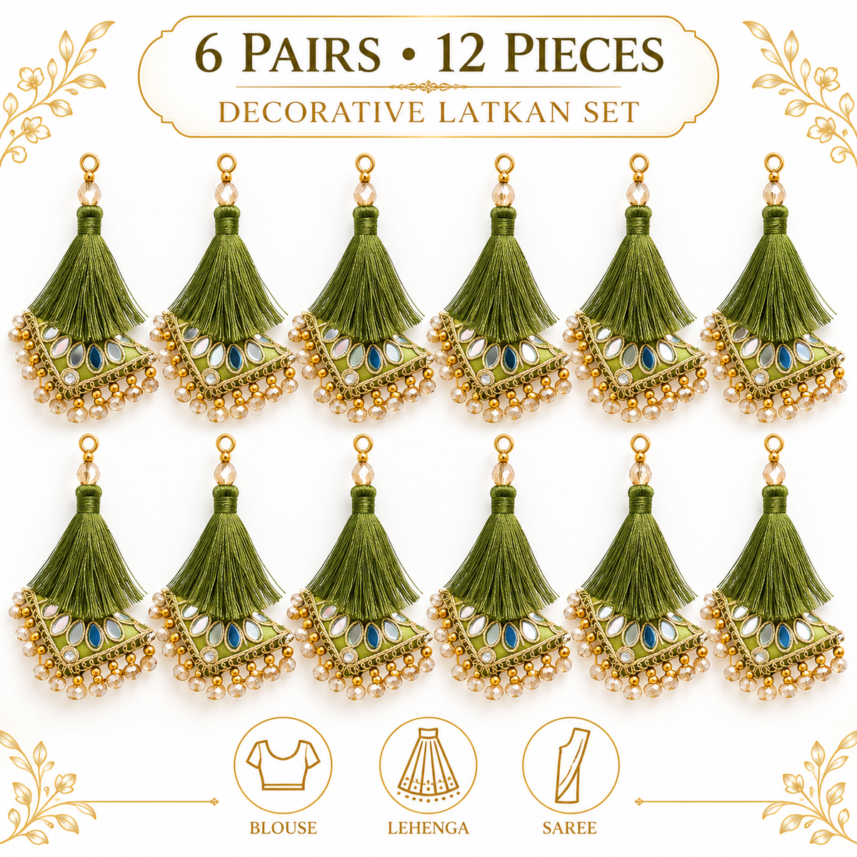 Mehndi Green Decorative Tassel Latkan for Blouse, Lehenga & Saree – Pack of 12 Pieces (6 Pairs)