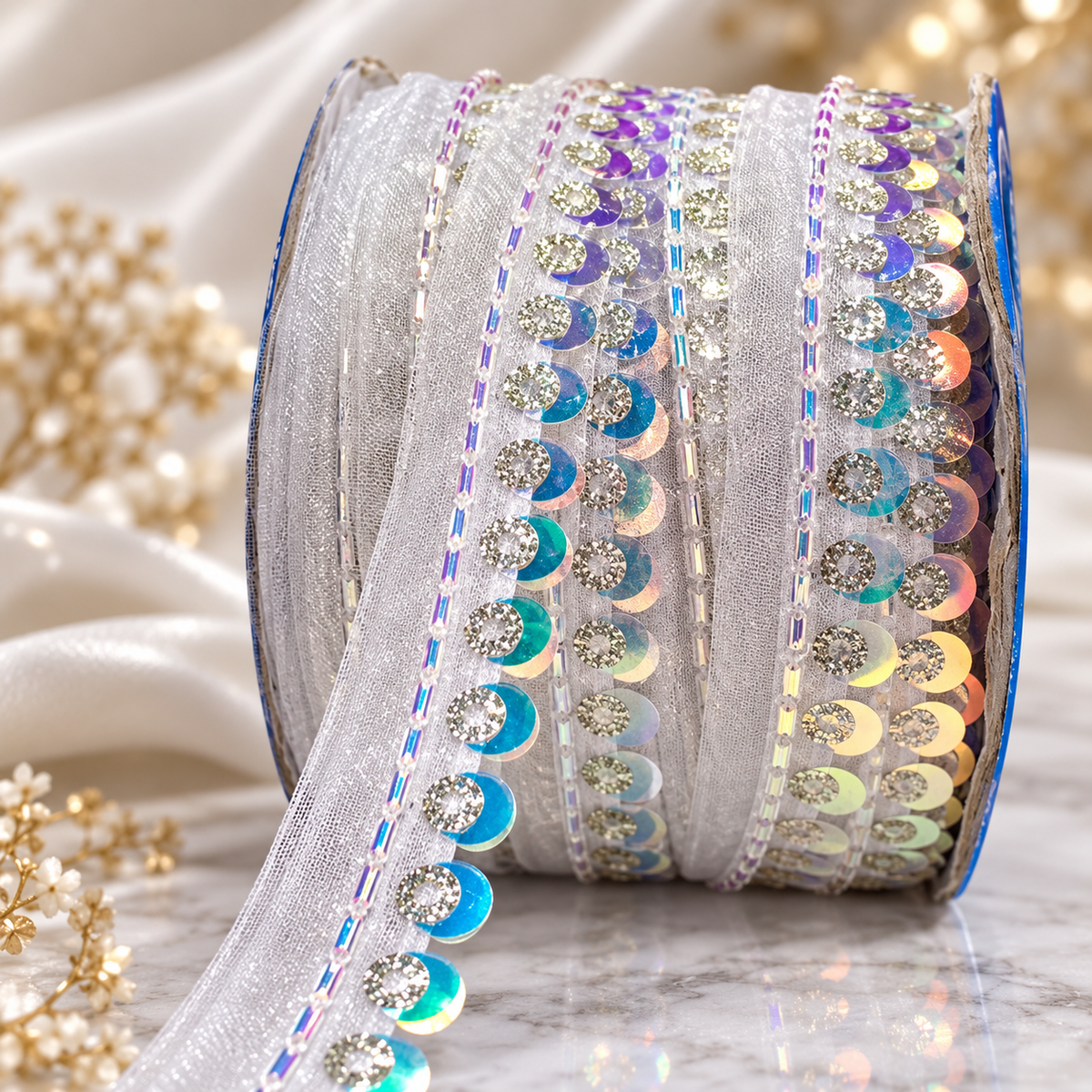 White Sequin & Bead Work Decorative Lace Border for Saree, Blouse & Dupatta – Pack of 3 Rolls, 9 Meters Each