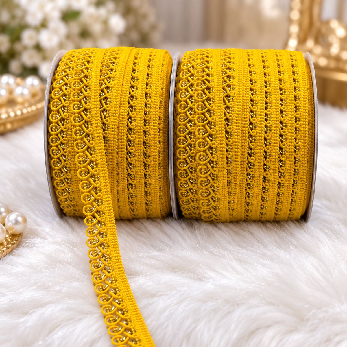 Yellow Designer Loop Lace Border 18 Meter | Decorative Embroidered Lace Trim for Kurti, Blouse, Saree, Dupatta & Dress | Pack of 2 Rolls