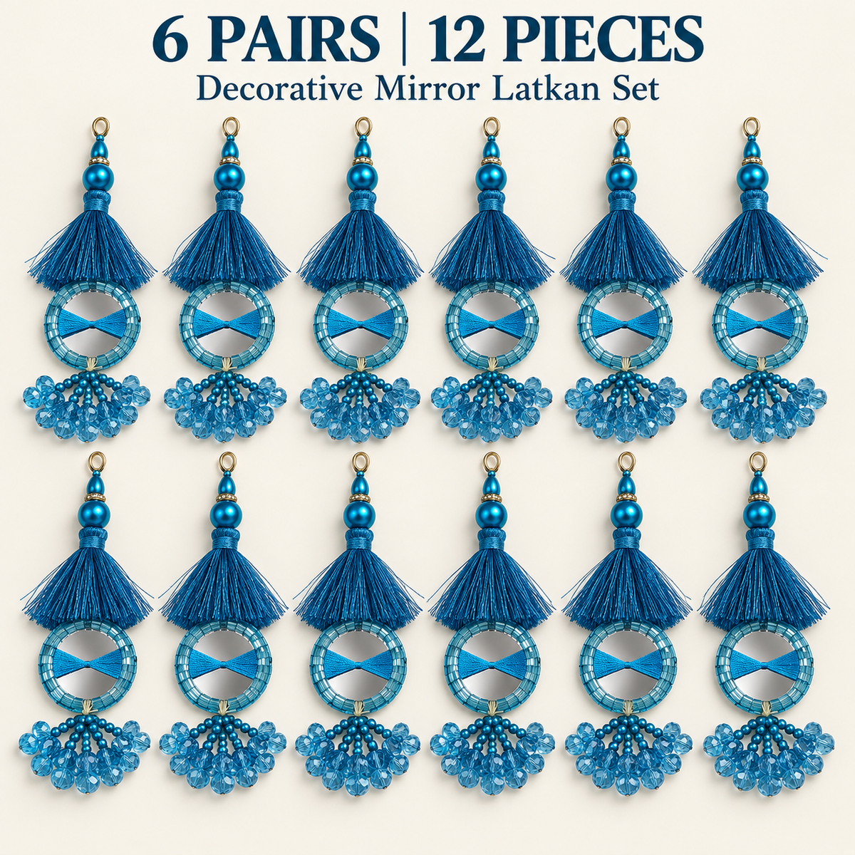 Turquoise Blue Mirror Latkan with Thread Tassels & Hanging Beads for Blouse and Lehenga – 6 Pairs (12 Pieces)