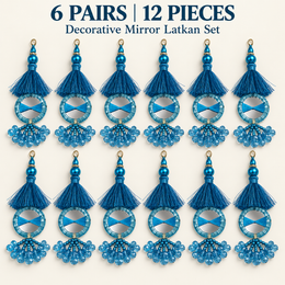 Turquoise Blue Mirror Latkan with Thread Tassels & Hanging Beads for Blouse and Lehenga – 6 Pairs (12 Pieces)