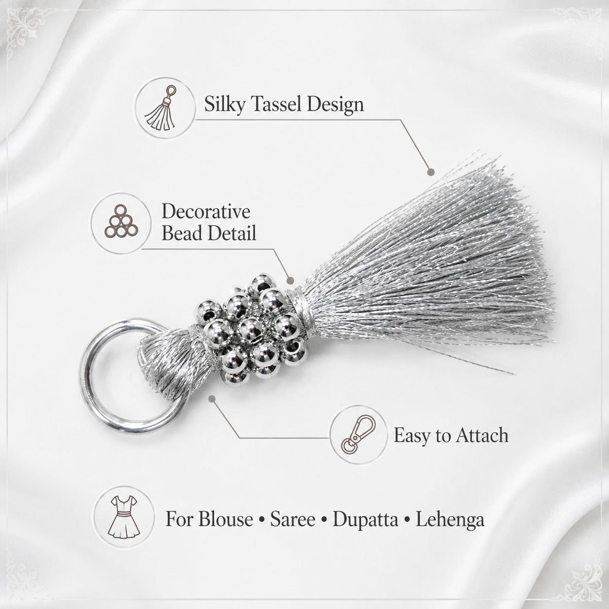 Premium Metallic Silver Silk Thread Tassel Latkan with Decorative Silver Beads & Ring for Blouse, Saree, Lehenga & Dupatta – Designer Hanging Tassels