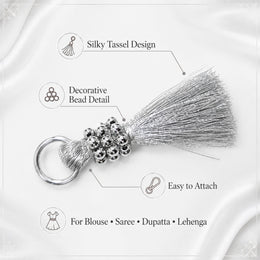 Premium Metallic Silver Silk Thread Tassel Latkan with Decorative Silver Beads & Ring for Blouse, Saree, Lehenga & Dupatta – Designer Hanging Tassels