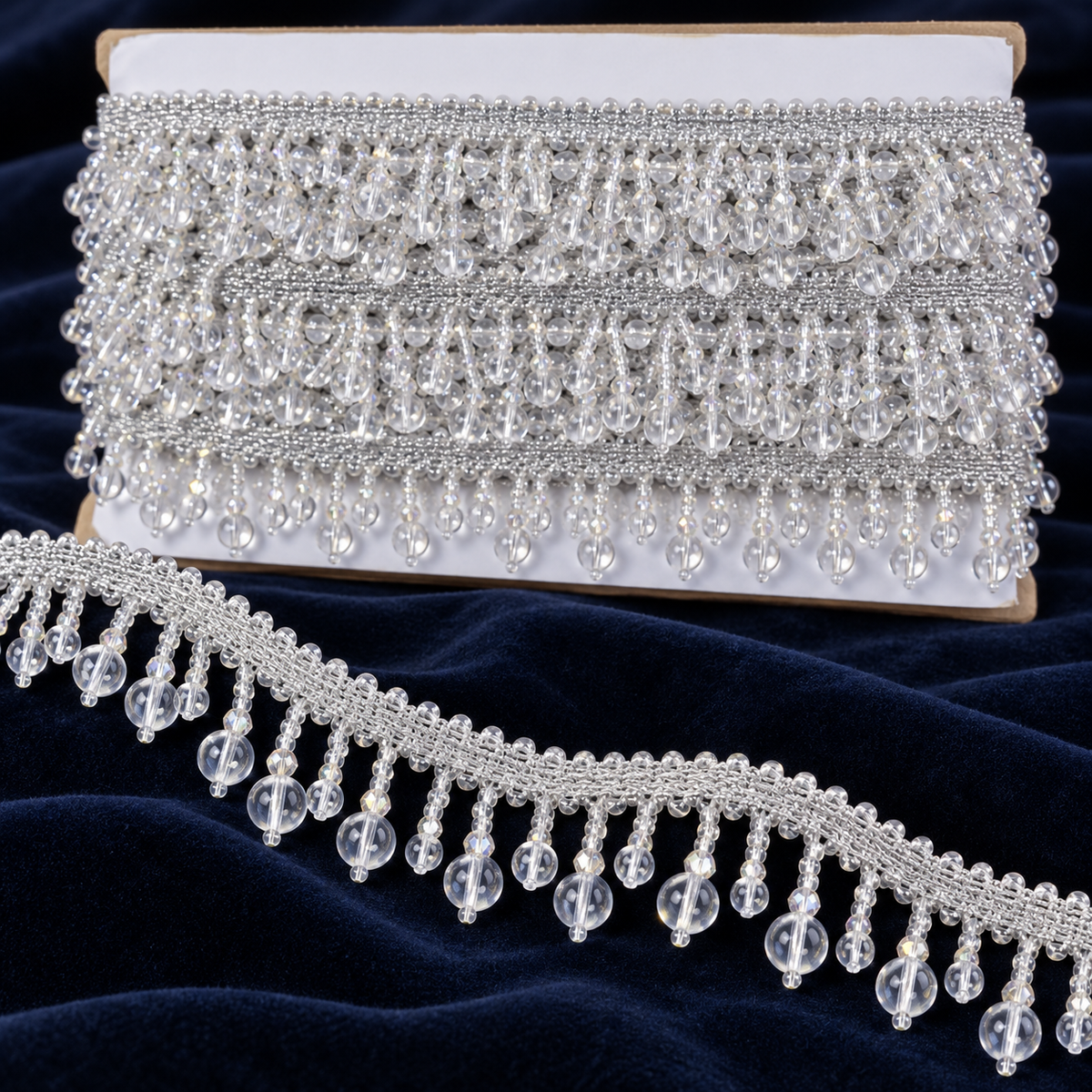 Premium Silver Crystal Bead Hanging Fringe Lace Border with Transparent Round Beads for Saree, Blouse, Dupatta, Lehenga & Dress  9 Meter