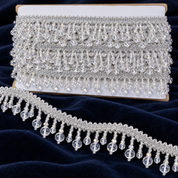 Premium Silver Crystal Bead Hanging Fringe Lace Border with Transparent Round Beads for Saree, Blouse, Dupatta, Lehenga & Dress  9 Meter