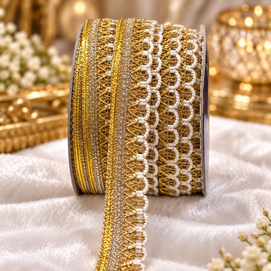 Premium Golden & White Pearl Style Designer Lace Border for Saree, Blouse, Dupatta & Lehenga | Decorative Bridal Lace Trim | Pack of 3 Rolls – 18 Meter
