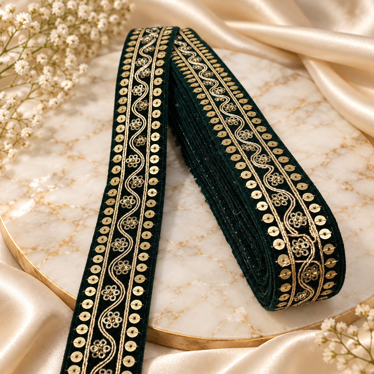 Premium Dark Green Velvet Look Golden Zari Embroidered Sequin Lace Border for Saree, Blouse, Dupatta, Lehenga & Kurti – Fancy Floral Designer Lace