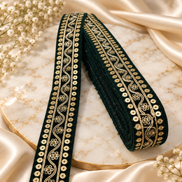 Premium Dark Green Velvet Look Golden Zari Embroidered Sequin Lace Border for Saree, Blouse, Dupatta, Lehenga & Kurti – Fancy Floral Designer Lace