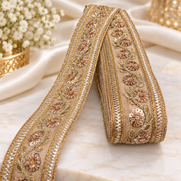 Premium Rose Gold Floral Sequin Embroidered Lace Border for Saree, Blouse, Dupatta, Lehenga & Kurti – Fancy Designer Lace